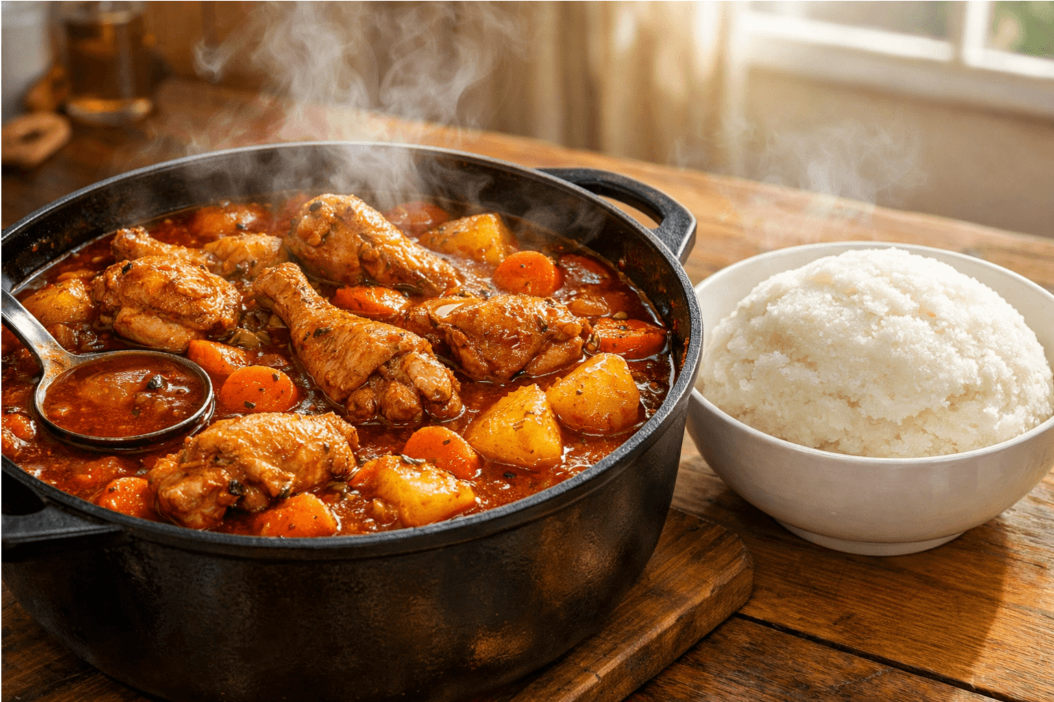 A steaming pot of chicken stew and pap, ready for sale